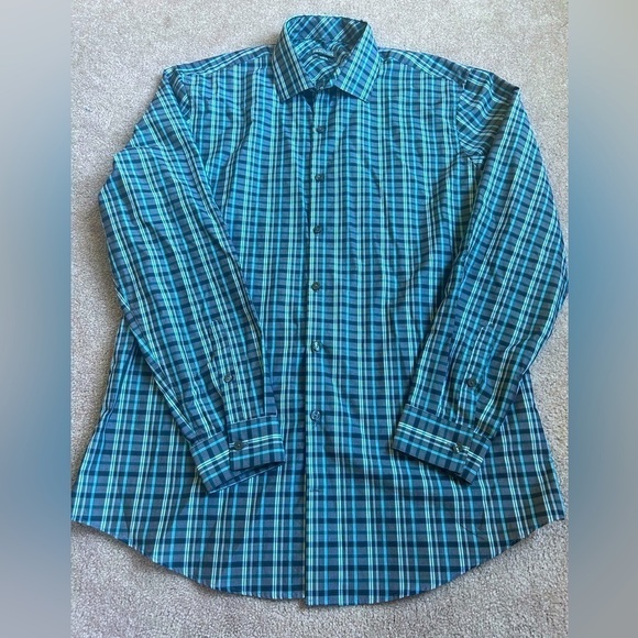 Kenneth Cole Dress Shirt Mens Blue Gray Plaid Non Iron Slim Fit Long Sleeve - Picture 1 of 7